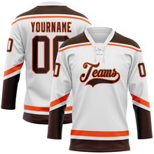 Laden Sie das Bild in den Galerie-Viewer, Custom White Brown-Orange Hockey Lace Neck Jersey
