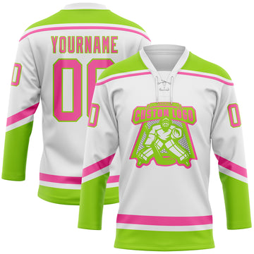 Custom White Pink-Neon Green Hockey Lace Neck Jersey