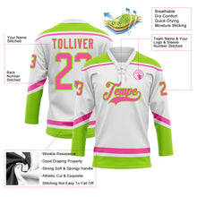 Laden Sie das Bild in den Galerie-Viewer, Custom White Pink-Neon Green Hockey Lace Neck Jersey
