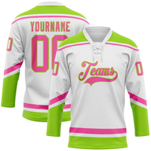 Laden Sie das Bild in den Galerie-Viewer, Custom White Pink-Neon Green Hockey Lace Neck Jersey
