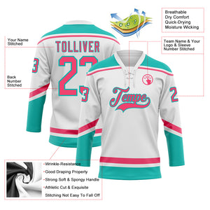 Custom White Neon Pink-Aqua Hockey Lace Neck Jersey