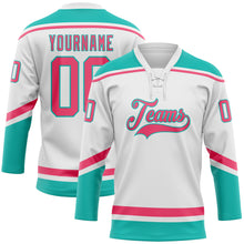 Laden Sie das Bild in den Galerie-Viewer, Custom White Neon Pink-Aqua Hockey Lace Neck Jersey
