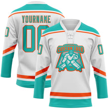 Laden Sie das Bild in den Galerie-Viewer, Custom White Aqua-Orange Hockey Lace Neck Jersey
