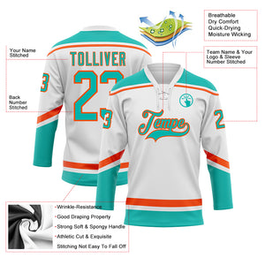 Custom White Aqua-Orange Hockey Lace Neck Jersey