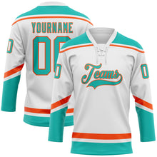 Laden Sie das Bild in den Galerie-Viewer, Custom White Aqua-Orange Hockey Lace Neck Jersey
