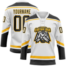 Laden Sie das Bild in den Galerie-Viewer, Custom White Black-Gold Hockey Lace Neck Jersey
