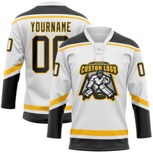 Load image into Gallery viewer, Custom White Black-Gold Hockey Lace Neck Jersey
