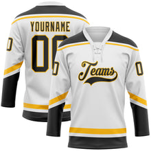 Laden Sie das Bild in den Galerie-Viewer, Custom White Black-Gold Hockey Lace Neck Jersey
