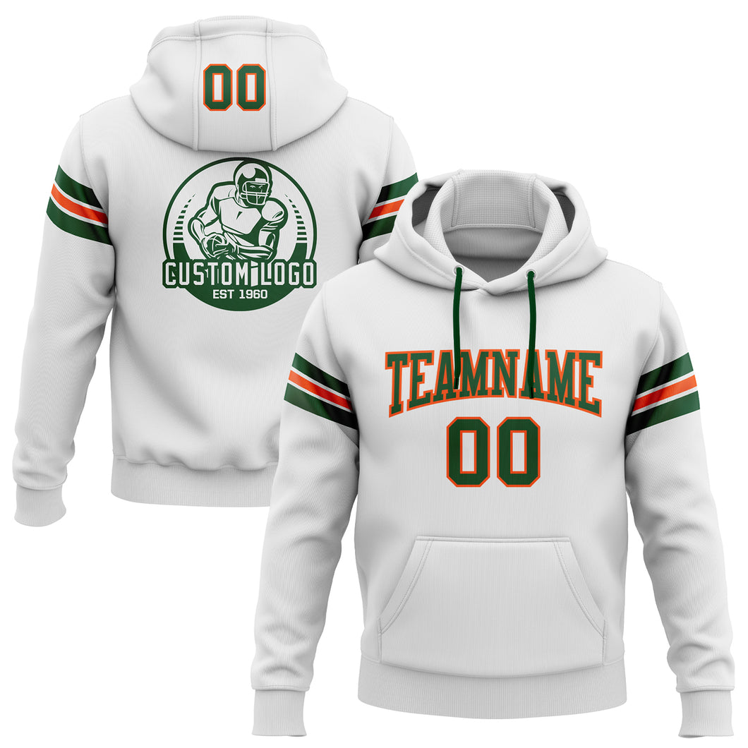 Custom Stitched White Green-Orange Football Pullover Sweatshirt Hoodie