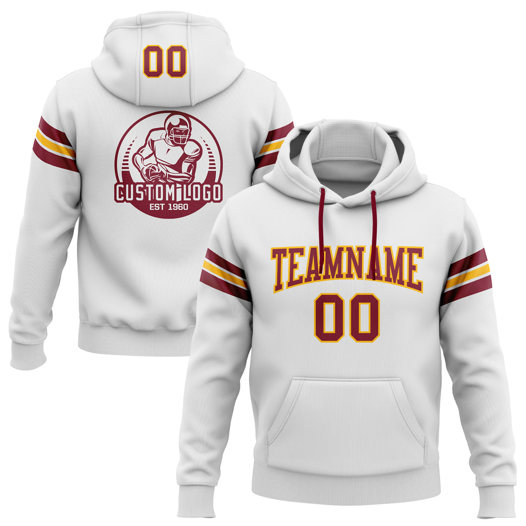 Custom Stitched White Crimson-Gold Football Pullover Sweatshirt Hoodie