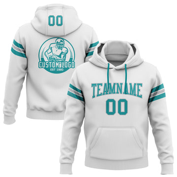 Custom Stitched White Teal-Gray Football Pullover Sweatshirt Hoodie