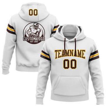 Custom Stitched White Brown-Gold Football Pullover Sweatshirt Hoodie