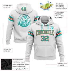 Custom Stitched White Aqua-Orange Football Pullover Sweatshirt Hoodie