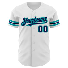 Load image into Gallery viewer, Custom White Navy-Teal Authentic Baseball Jersey
