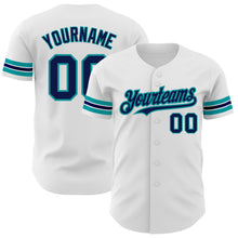 Load image into Gallery viewer, Custom White Navy-Teal Authentic Baseball Jersey
