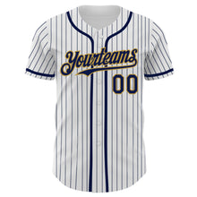 Laden Sie das Bild in den Galerie-Viewer, Custom White Navy Pinstripe Old Gold Authentic Baseball Jersey
