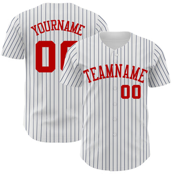 Custom White Navy Pinstripe Red Authentic Baseball Jersey