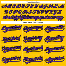 Laden Sie das Bild in den Galerie-Viewer, Custom Yellow Purple Pinstripe Black Authentic Baseball Jersey
