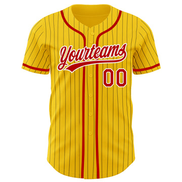Custom Yellow Black Pinstripe Red-White Authentic Baseball Jersey