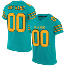 Load image into Gallery viewer, Custom Aqua Gold-Black Mesh Authentic Football Jersey
