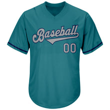Laden Sie das Bild in den Galerie-Viewer, Custom Aqua Gray-Navy Authentic Throwback Rib-Knit Baseball Jersey Shirt
