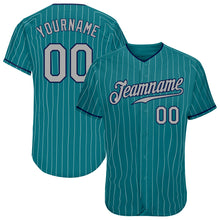 Load image into Gallery viewer, Custom Teal White Pinstripe Gray-Navy Authentic Baseball Jersey
