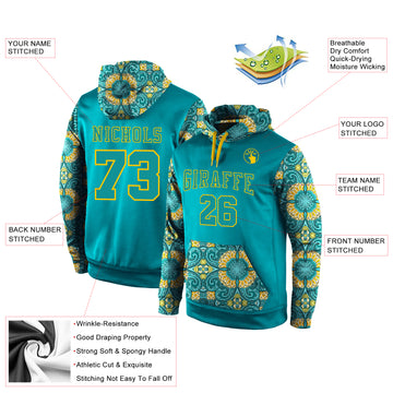 Custom Stitched Aqua Aqua-Gold 3D Pattern Design Sports Pullover Sweatshirt Hoodie