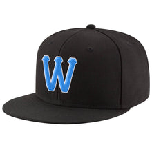Load image into Gallery viewer, Custom Black Powder Blue-White Stitched Adjustable Snapback Hat
