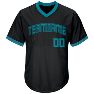 Custom Black Teal-Black Authentic Throwback Rib-Knit Baseball Jersey Shirt