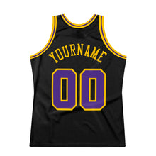 Load image into Gallery viewer, Custom Black Purple-Gold Authentic Throwback Basketball Jersey
