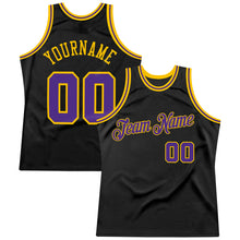 Load image into Gallery viewer, Custom Black Purple-Gold Authentic Throwback Basketball Jersey
