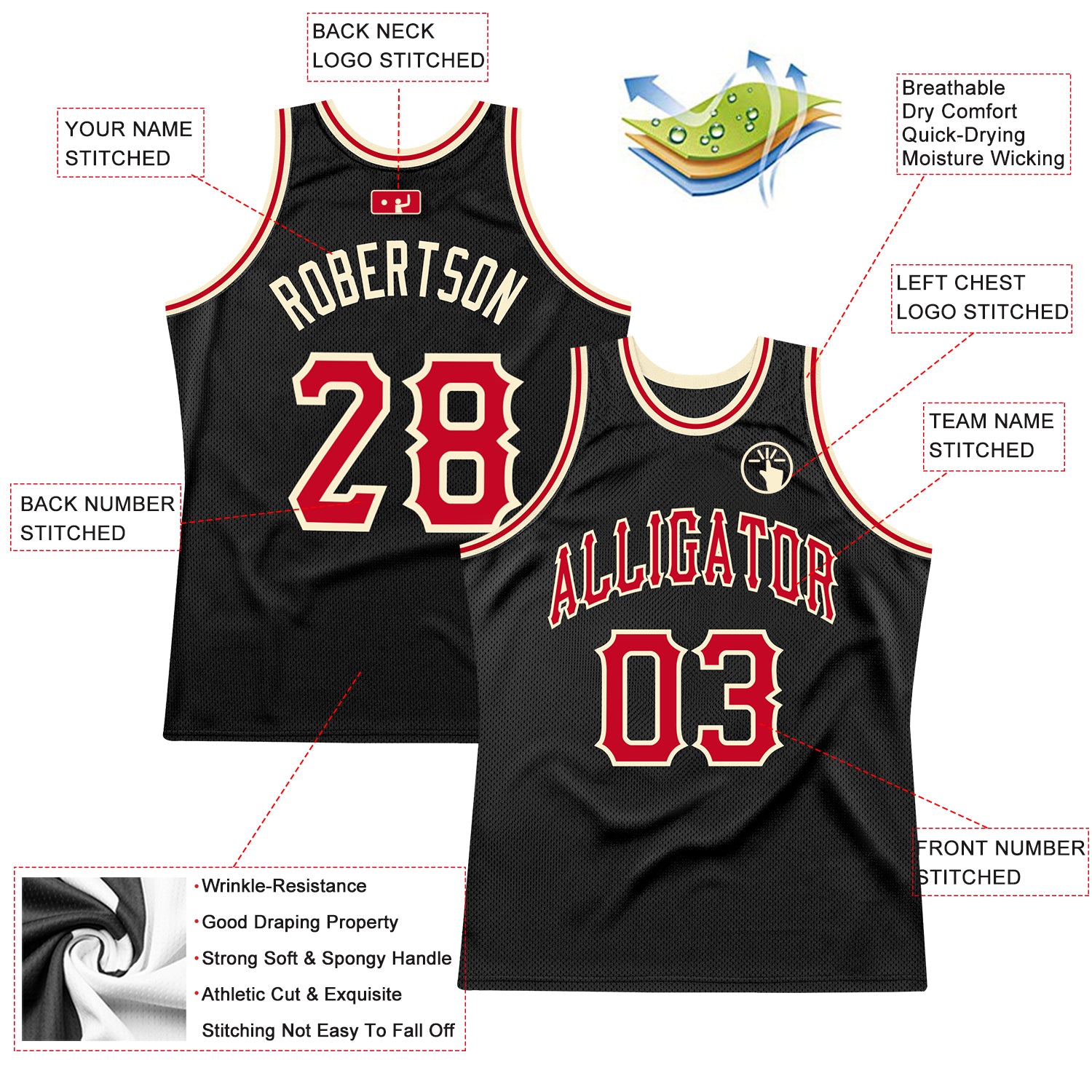Custom Team Black Basketball Authentic Cream Throwback Jersey Red