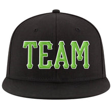 Laden Sie das Bild in den Galerie-Viewer, Custom Black Neon Green-White Stitched Adjustable Snapback Hat
