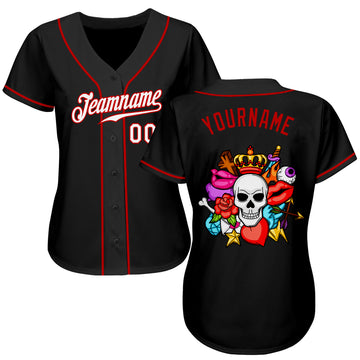 Custom Black White-Red Authentic Skull Fashion Baseball Jersey