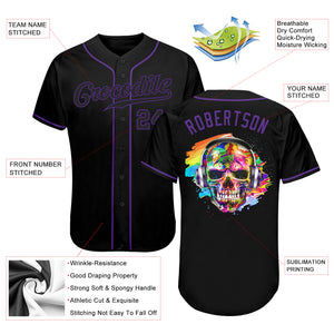 Custom Black Black-Purple Authentic Skull Fashion Baseball Jersey