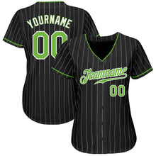 Load image into Gallery viewer, Custom Black White Pinstripe Neon Green-White Authentic Baseball Jersey
