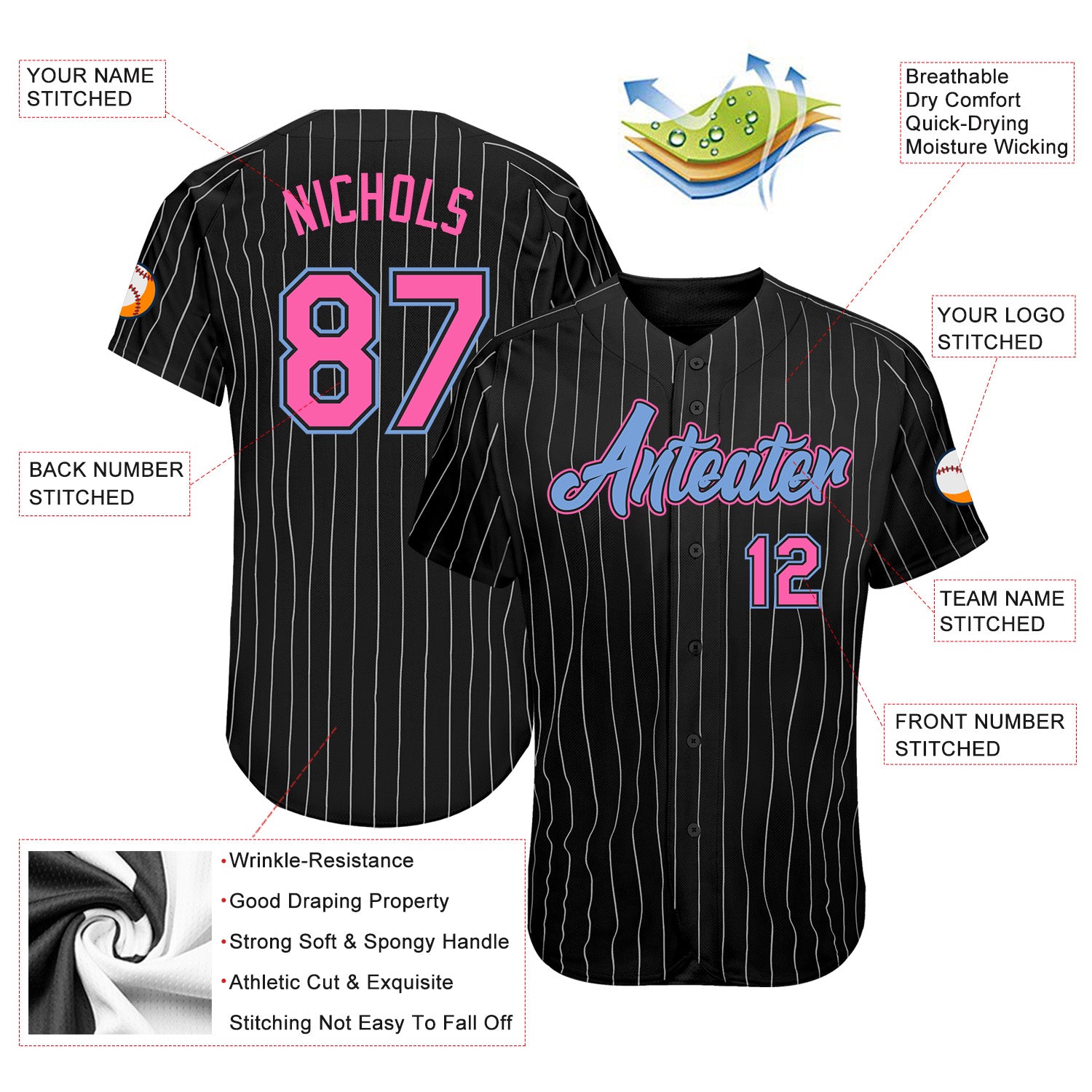 Custom Black White Pinstripe Pink-Light Blue Authentic Baseball Jersey  Discount