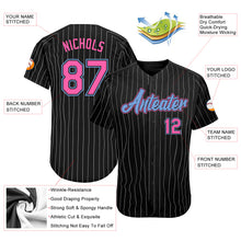 Load image into Gallery viewer, Custom Black White Pinstripe Pink-Light Blue Authentic Baseball Jersey
