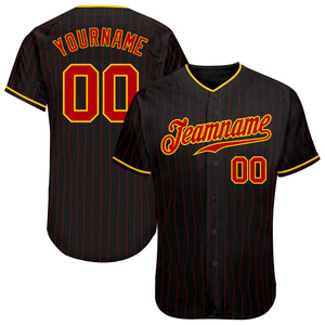 Custom Black Red Pinstripe Red-Gold Authentic Baseball Jersey
