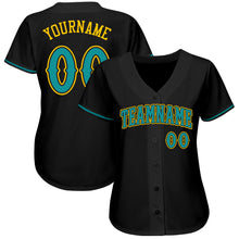 Load image into Gallery viewer, Custom Black Teal-Gold Authentic Baseball Jersey
