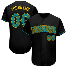 Load image into Gallery viewer, Custom Black Teal-Gold Authentic Baseball Jersey
