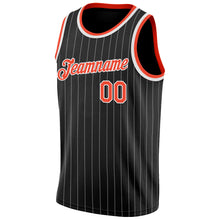 Load image into Gallery viewer, Custom Black White Pinstripe Orange-White Authentic Basketball Jersey
