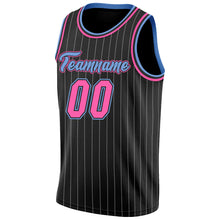 Load image into Gallery viewer, Custom Black White Pinstripe Pink-Light Blue Authentic Basketball Jersey
