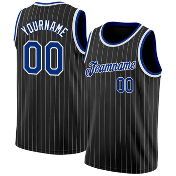 Custom Black White Pinstripe Royal-White Authentic Basketball Jersey