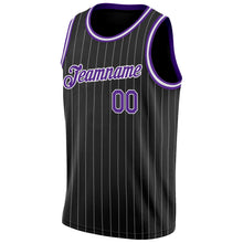 Laden Sie das Bild in den Galerie-Viewer, Custom Black White Pinstripe Purple-White Authentic Basketball Jersey
