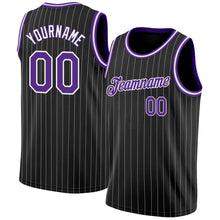 Load image into Gallery viewer, Custom Black White Pinstripe Purple-White Authentic Basketball Jersey
