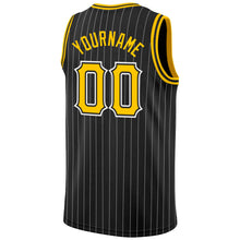 Load image into Gallery viewer, Custom Black White Pinstripe Gold-White Authentic Basketball Jersey
