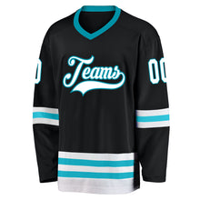 Load image into Gallery viewer, Custom Black White-Teal Hockey Jersey
