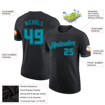 Custom Black Teal-Black Performance T-Shirt