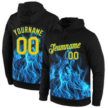 Load image into Gallery viewer, Custom Stitched Black Gold-Aqua 3D Pattern Design Flame Sports Pullover Sweatshirt Hoodie
